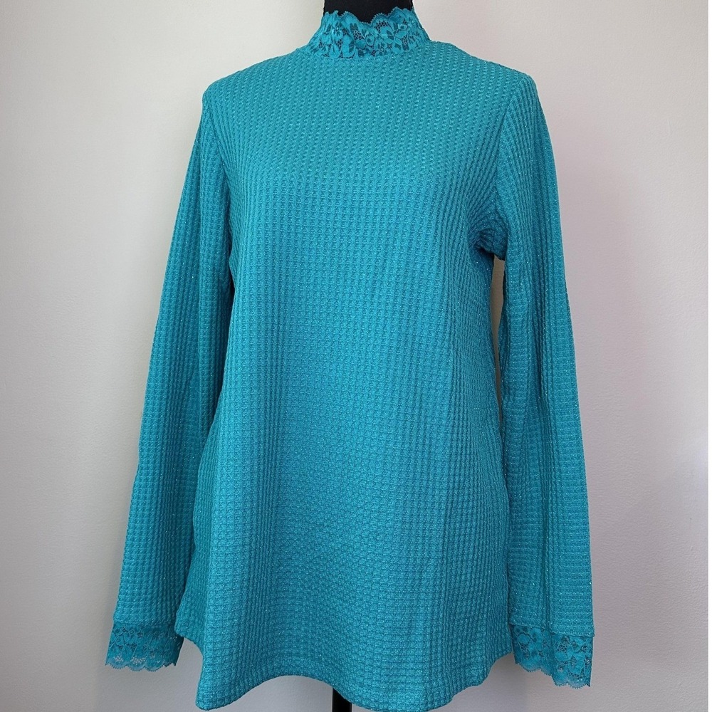 LOGO Lori Goldstein Sweater Womens‎ Small Lace Waffle Tunic Pullover Top Pockets